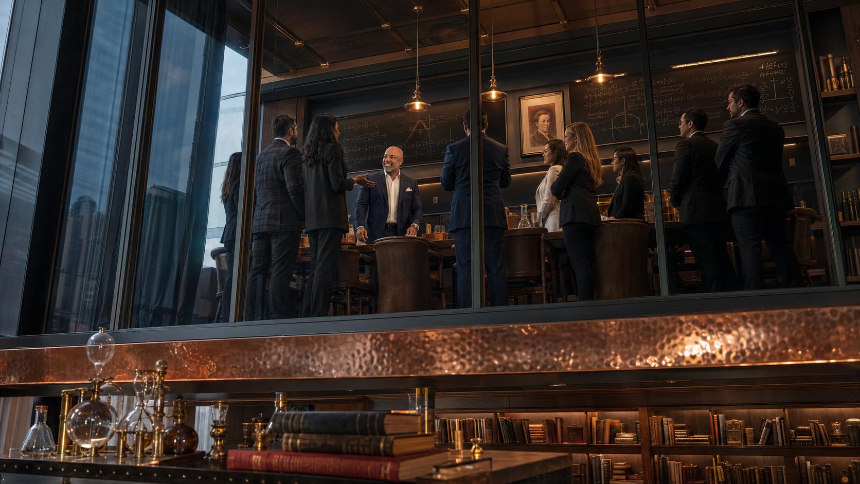 Illustrative group conversation in a glass-walled library setting